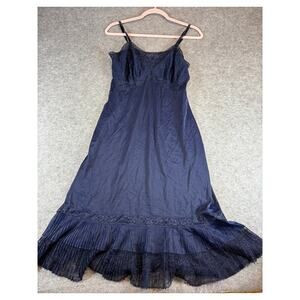 Vintage Lace Chiffon Slip Dress Womens Small Navy Sleeveless Pleated Hem Boho
